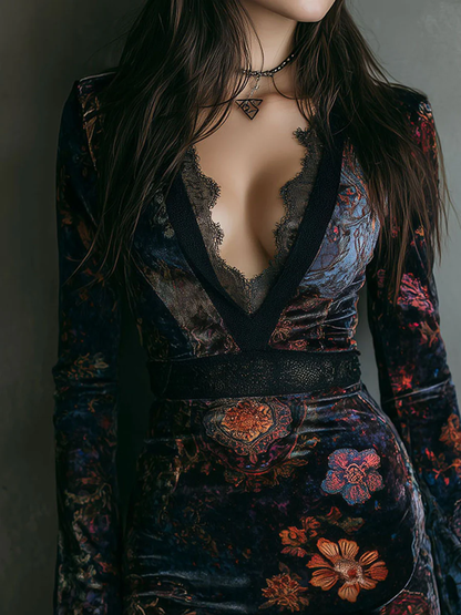 Brita™ - Blumenmuster-Mini-Kleid aus Velours mit Spitze